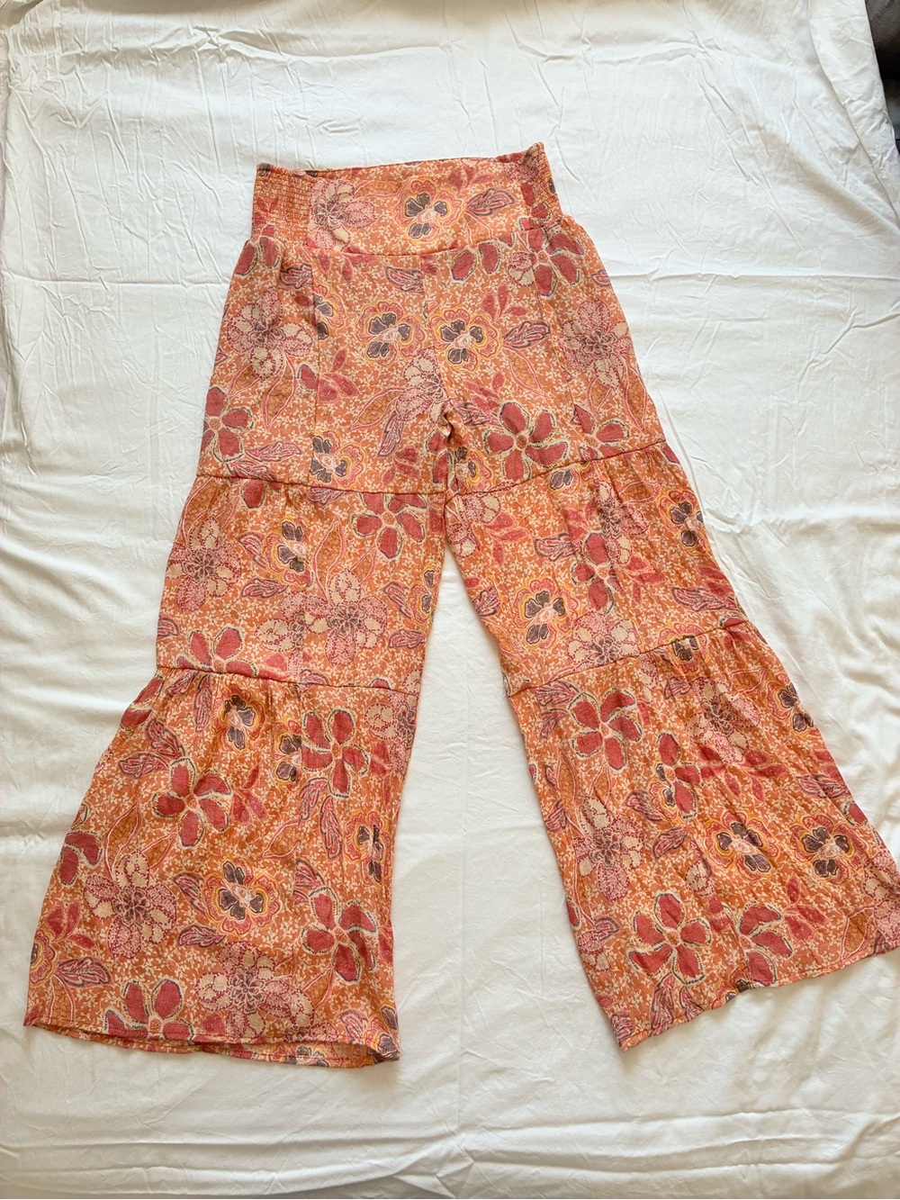 Nanette Lepore Orange Pink Floral Flowy Wide Leg Boho Tiered Pants